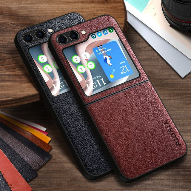 Luxus Leder Business Schutzhülle für Samsung Galaxy Z Flip 5, 4, 3 und Z Flip 7 FE in Schwarz - Bild 1