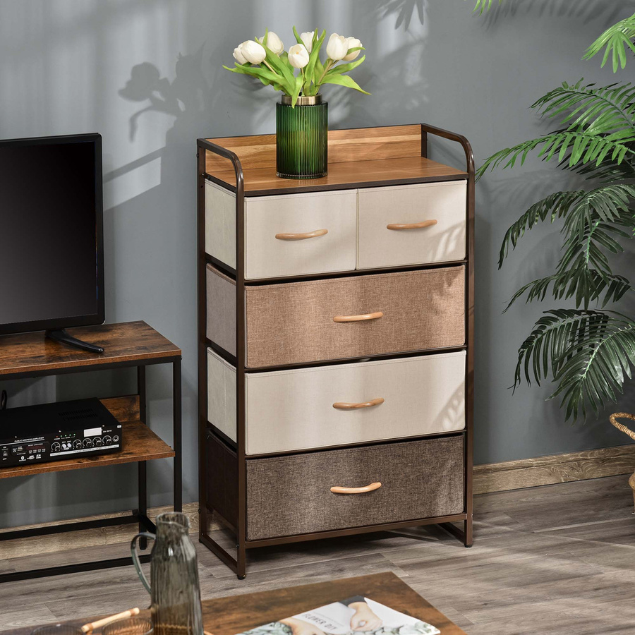 HOMCOM Kommode Sideboard mit 5 faltbaren Stoff-Schubladen in Braun für Wohnzimmer und Schlafzimmer - Bild 2