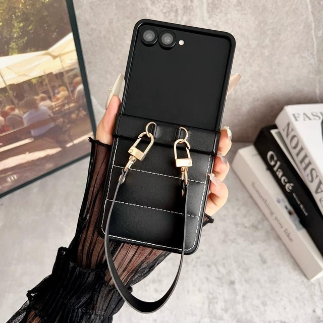 Samsung Galaxy Z Flip 7 6 5 4 3 Mode Daunenjacke Hülle mit kurzem Lanyard und Handgelenkschlaufe in Schwarz - Bild 1