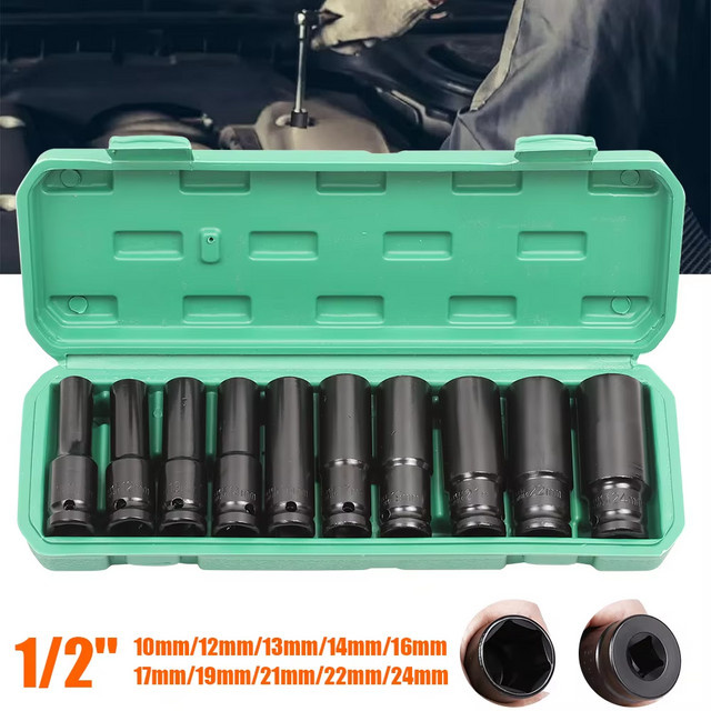 10-teiliges Schlagschrauber-Set in Grün, 1/2 Zoll metrische tiefe Steckschlüssel von 10 bis 24 mm für pneumatische Schraubenschlüssel und Reifenwechsel - Bild 1