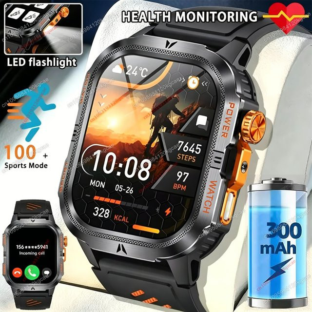 Ola Esporte Hw12 Outdoor-Smartwatch in Schwarz und Silber mit Militärqualität, LED-Taschenlampe, IP68 Wasserdichtigkeit, Bluetooth-Anruffunktion und über 100 Sportmodi - Bild 1