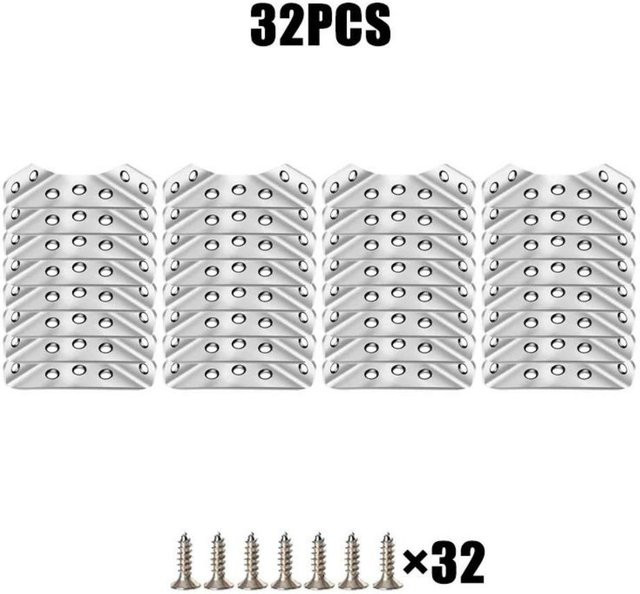 Lanzhong home life Universal-Eckverbinder aus Edelstahl in Silber, Set mit 32 Eckhalterungen und 224 Schrauben für Schrankwinkel und Regalunterstützung - Bild 1