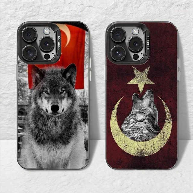 Apple iPhone Handyhülle Türkische Bozkurt Grey Wol Protect Plating für iPhone 11 12 13 14 15 16 Pro Max Plus in Grau - Bild 1