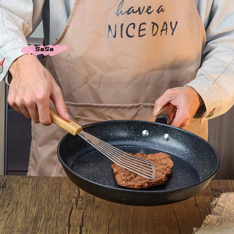 YOWEI Edelstahl-Schlitzspatel mit Holzgriff in Silber, fächerförmige Fischbraten-Schaufel für hitzebeständiges Kochen - Bild 2