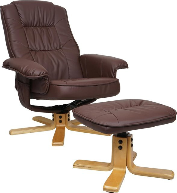 MCW Relaxsessel H56 mit Hocker in Rot-Braun aus Kunstleder und Eukalyptus-Holz - Bild 1