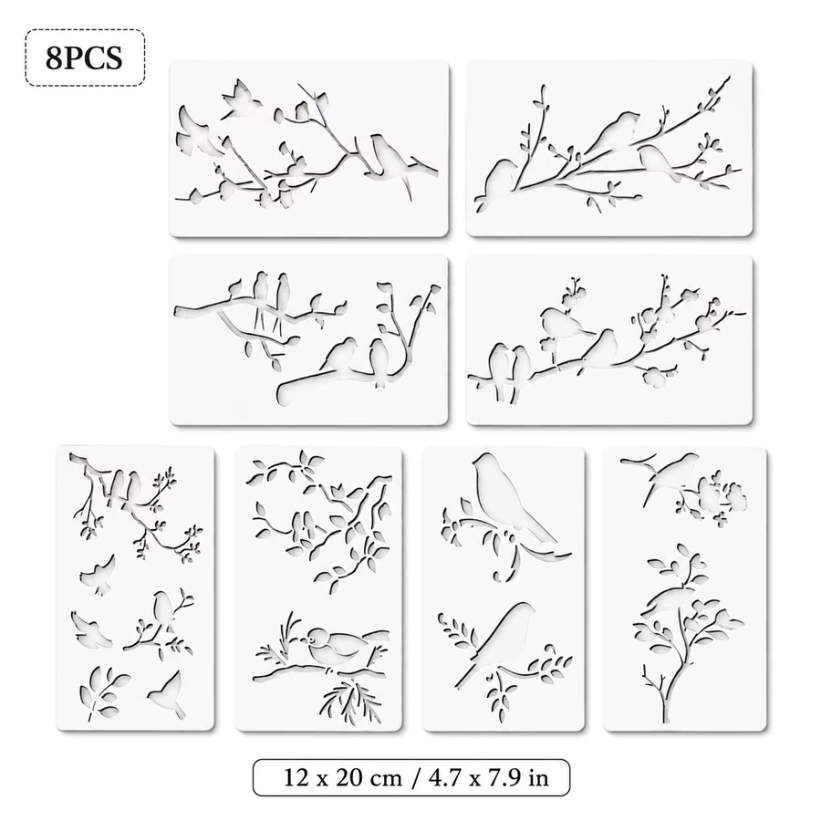 8 Stück Vogelzweig-Schablonen in Weiß, wiederverwendbare Natur-Malvorlagen für DIY-Wanddekoration aus Kunststoff, B/H: 12 x 20 cm - Bild 5