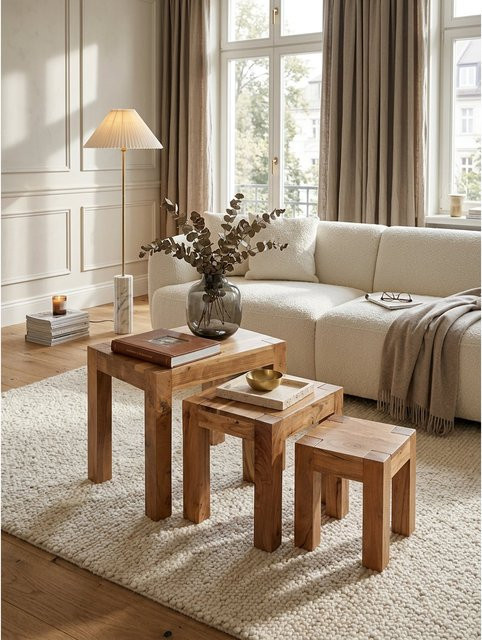 3er Set Beistelltische MUMBAI aus Massivholz Akazie in Braun im Landhausstil, B/T/H: 36 x 50 x 45 cm - Bild 1