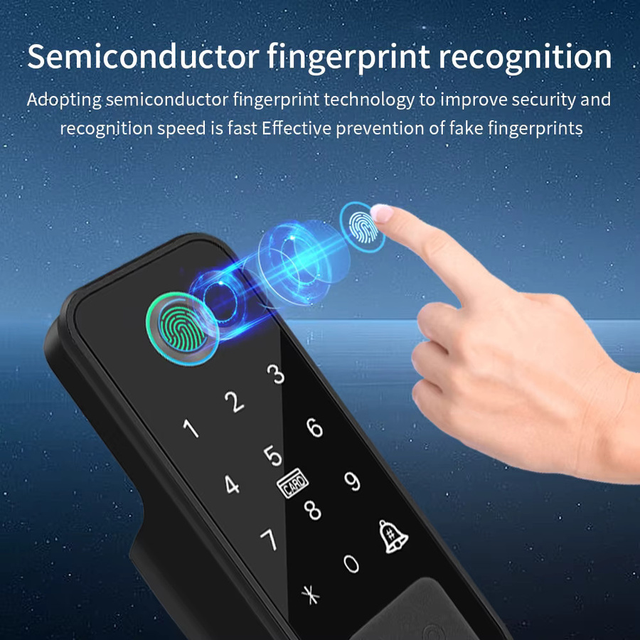 LUCKING DOOR Fingerabdruck-Haustürschloss in Schwarz mit Tuya App-Unterstützung, Bluetooth und IC-Karten-Gateway-Entsperrung für schlüssellosen Zugang - Bild 2