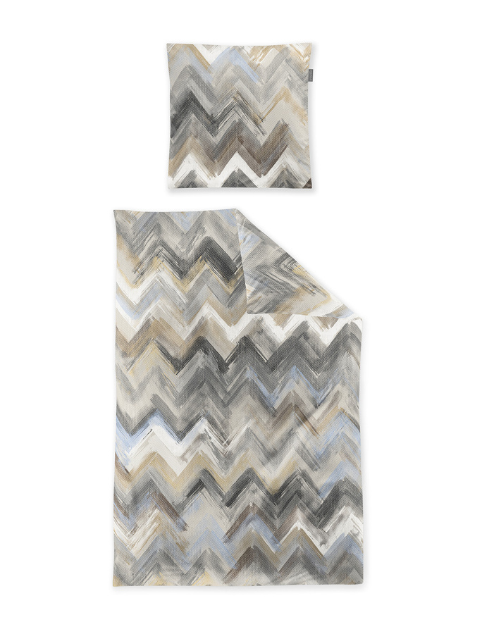 Irisette Wave Mako-Satin Bettwäsche mit Zickzack-Grafik in Natur Beige Silber, B/H: 155 x 220 cm und Kissenbezug 80 x 80 cm - Bild 1