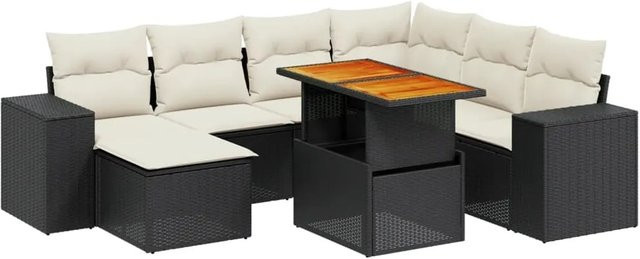 vidaXL 8-teilige Garten-Sofagarnitur in L-Form aus Poly-Rattan und pulverbeschichtetem Stahl mit Kissen in Schwarz-Creme - Bild 1