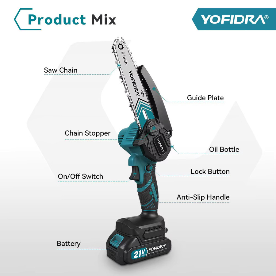 YOFIDRA Akku-Kettensäge 6 Zoll für Holzbearbeitung und Garten mit Kompatibilität für Makita 21 V Akkus - Bild 2