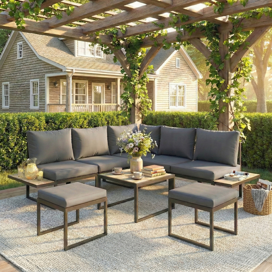 Outsunny Gartenlounge für 6 Personen, modulares Outdoor-Sofa-Set in L-Form mit Couchtisch und Holzoptik-Elementen, grau - Bild 2