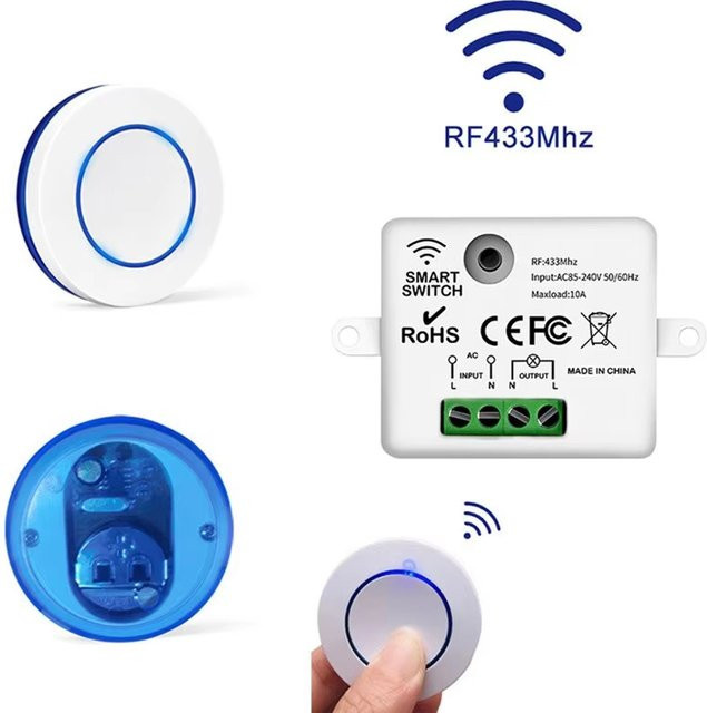 Szaoju RF 433MHz Drahtloser Lichtschalter mit Fernbedienung, Rundes Wandpanel für LED-Lampen, Weiß - Bild 1
