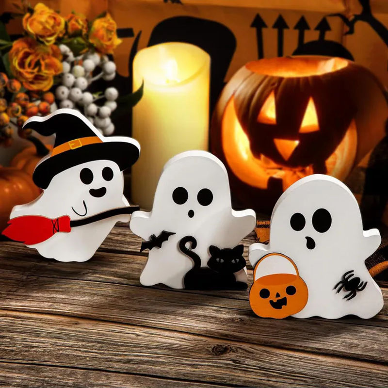 3er Set Halloween Deko aus Holz mit Geistern, Schwarzer Katze, Fledermaus und Hexe von OutsideWorld in Weiß und Schwarz - Bild 7