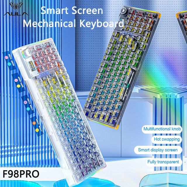 AULA F98PRO Kabellose Mechanische Gaming-Tastatur mit RGB-Hintergrundbeleuchtung, Transparente Tastenkappen und Bildschirm, Schwarz - Bild 1