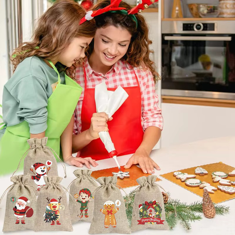 6er Set Leinen-Geschenkbeutel in Beige für Weihnachten und Neujahr - Bild 2
