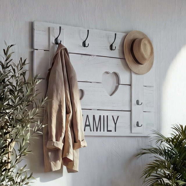 Wandgarderobe MCW C89 Family aus Paulowniaholz mit 8 Haken im Shabby-Look, Weiß, B: 60 cm, H: 90 cm - Bild 1
