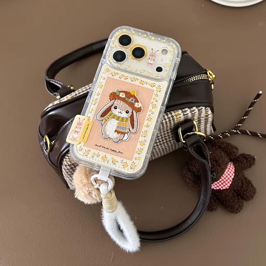 Handyhülle mit Stickerei und Plüschball im Kaninchen-Design mit gelber Blume und Lanyard für iPhone 17, 16, 15 und 14 Pro Max, Gelb/Mehrfarbig - Bild 5