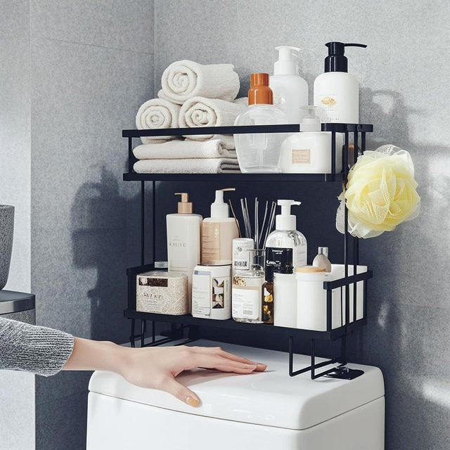 ShellKingdom 2-stufiges Toilettenregal in Schwarz, wandmontiertes Badezimmer-Aufbewahrungsregal aus Metall - Bild 1