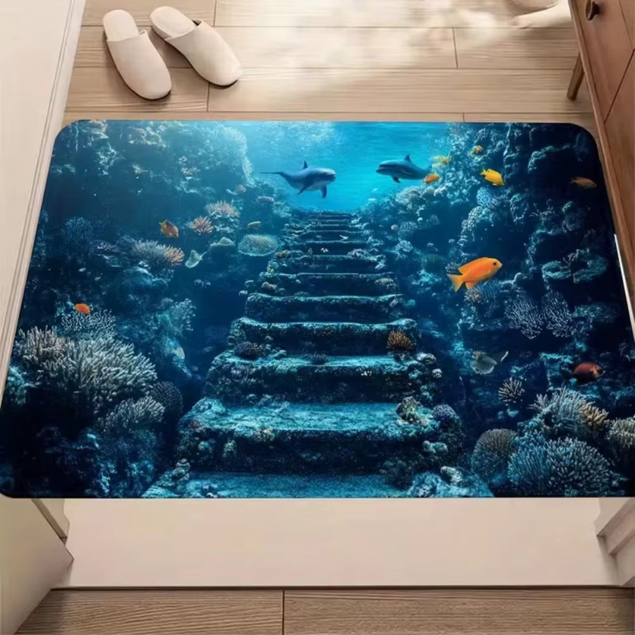 VIKAMA 3D Unterwasserwelt Teppich mit Fisch- und Korallenmotiv, blau, rutschfest und saugfähig, ideal für Wohnzimmer und Kinderzimmer - Bild 1