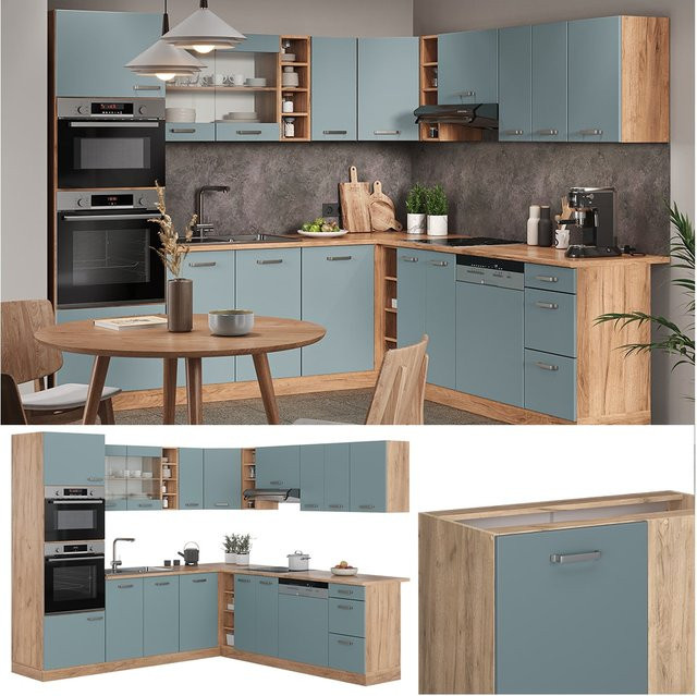 Vicco R-Line Eckküche modern in Blau-Grau und Solid Eiche mit mattem Finish B/T/H: 247 x 60 x 237 cm - Bild 1