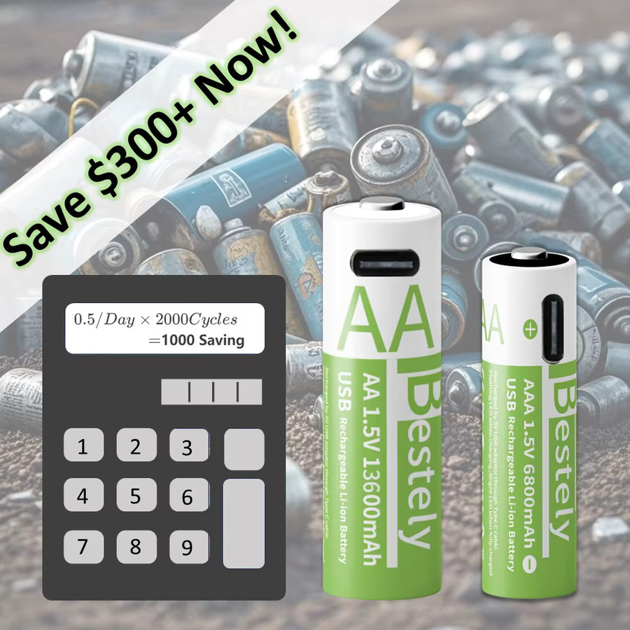 Rscrola USB-C-Ladegerät für AA und AAA Li-Ionen-Batterien mit 13600mAh und 6800mAh Akku-Set und Ladekabel - Bild 3