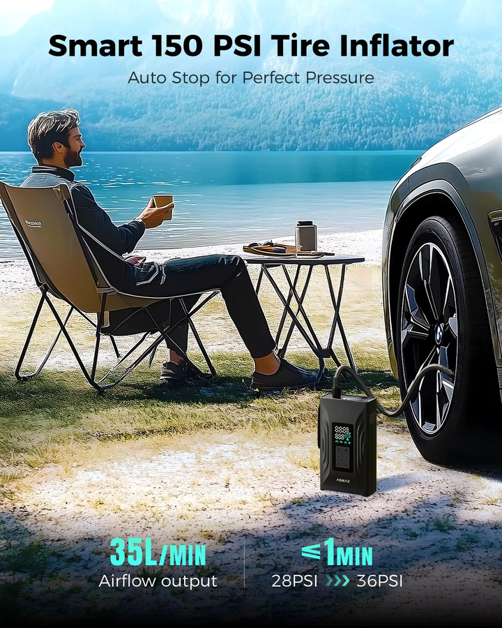 ASMAX T20 3000A Tragbarer Auto-Starthilfe-Kompressor und Reifenfüller mit 150PSI, Notstromversorgung für 12V Autos, USB-C-Ladung, Schwarz - Bild 4