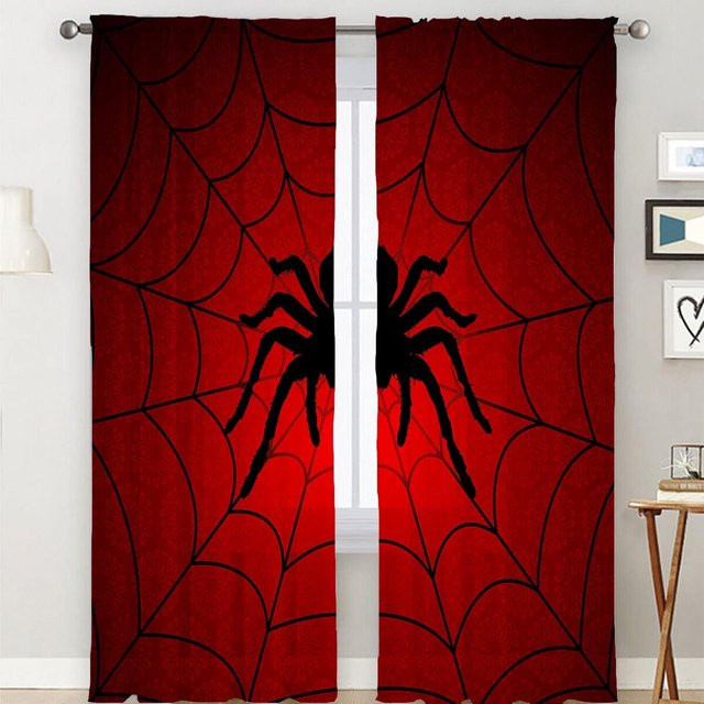 Gruselige Halloween-Fenstervorhänge mit Cartoon-Spinne und schwarzem Netz, 2er-Set in Schwarz und Rot, B: 50 cm, H: 130 cm - Bild 1