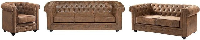 Vente-unique Chesterfield Couchgarnitur aus Mikrofaser in Braun bestehend aus 3-Sitzer-Sofa, 2-Sitzer-Sofa und Sessel B/T/H: 206 x 165 x 82 cm - Bild 1