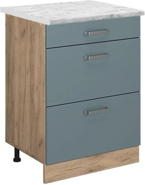 Vicco R-Line Küchenschrank mit Schubladen in Blau-Grau und Marmor-Optik, B/T/H: 60 x 46 x 81,6 cm - Bild 1