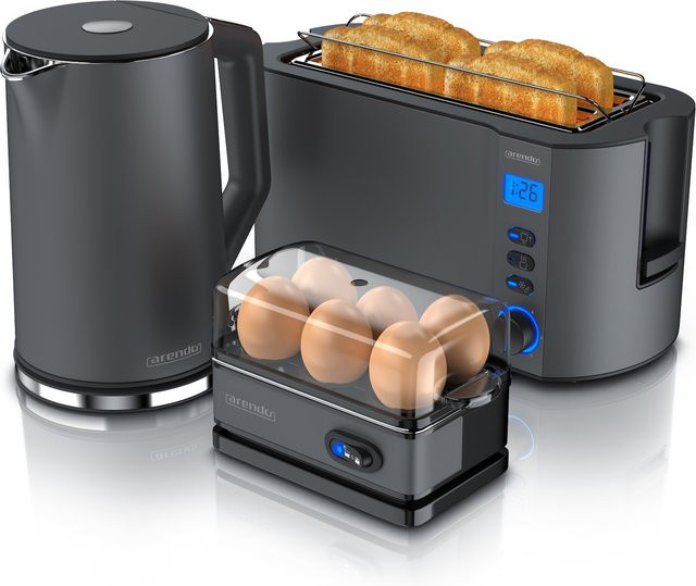 Arendo 3-teiliges Frühstücksset in Grau mit 1,5l Wasserkocher, 4-Scheiben Toaster und 6er Eierkocher - Bild 1