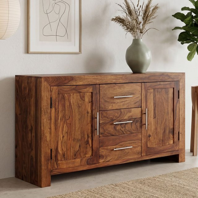 Finebuy Sideboard aus Massivholz Sheesham in Braun mit 2 Türen und 3 Schubladen, Modernes Design, Breite: 120 cm - Bild 1