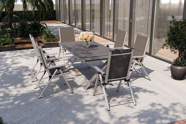 Kettler BasicPlus Pro Garten-Essgruppe in Silber und Anthrazit mit ausziehbarem Tisch und 6 Klappstühlen aus Aluminium, Textilene und Spraystone, B/T/H: 180 x 100 x 78 cm bis 280 x 100 x 78 cm - Bild 1