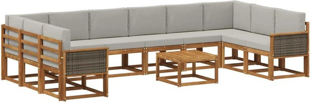 vidaXL Outdoor-Sofagarnitur aus Akazienholz mit 11-teiligem Kissen-Set in Natur und Hellgrau - Bild 1