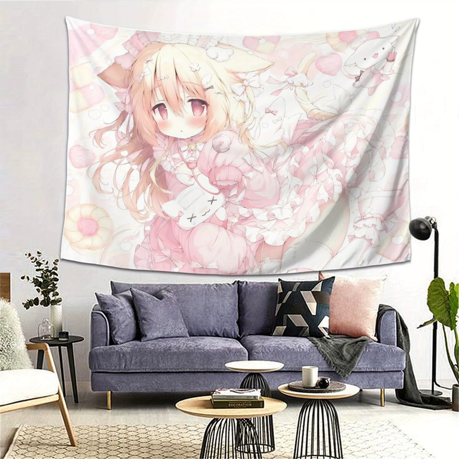 VIKAMA Anime-Katzenmädchen Wandteppich in Pink als dekoratives Hängetuch für dein Schlafzimmer oder Wohnzimmer, B/H: 60 x 40 cm - Bild 2