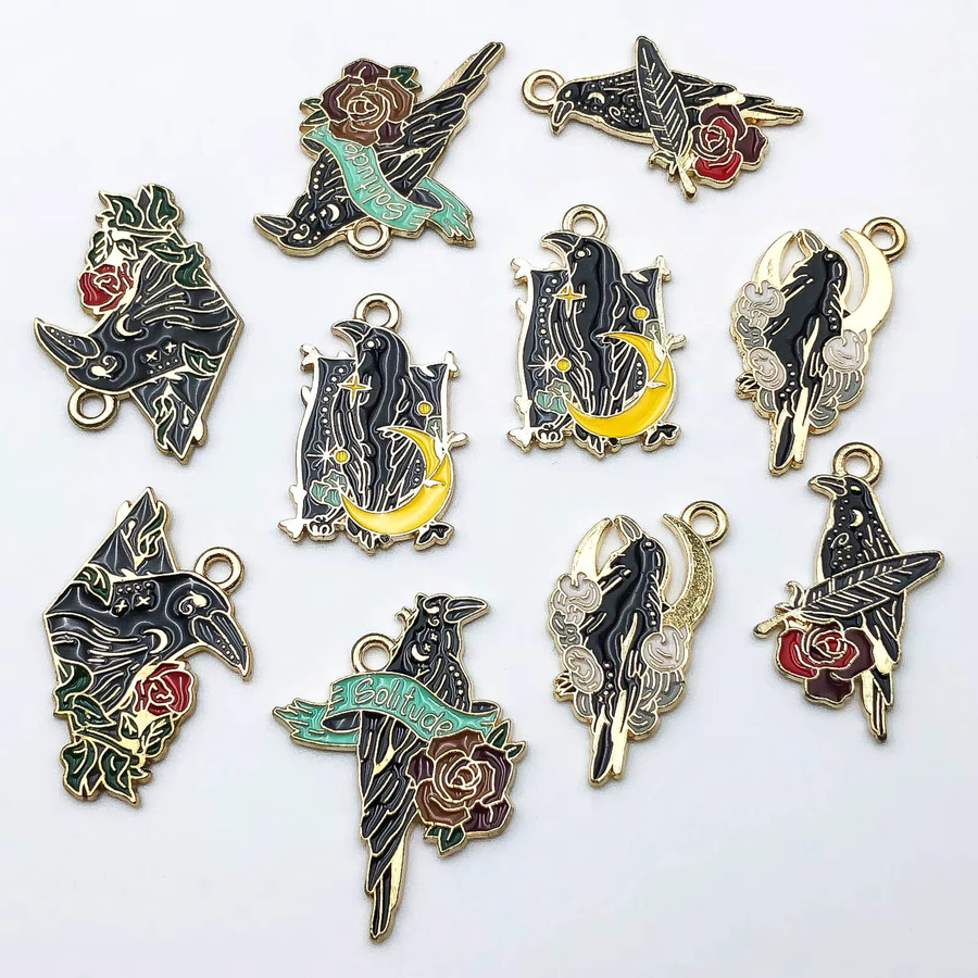 Charms Emaille Cartoon Tier schwarzer Vogel Blumenmuster, Messing, Unisex - Bild 2