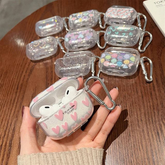 Glitzernde Schutzhülle für Apple AirPods Pro 2 und AirPods 1 2 3 in Rosa mit Cartoon-Herzen aus stoßfestem TPU - Bild 1