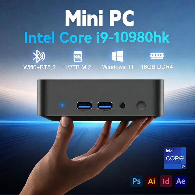 FUCHU Mini PC mit Windows 11, Intel Core i9 10980HK, 16GB RAM, 1TB SSD, WiFi 6 und Bluetooth 5.2, Schwarz - Bild 1