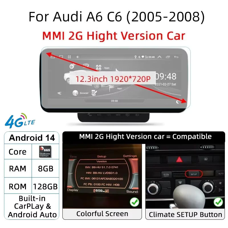 FAZY Android 14 Autoradio mit 12,3 Zoll Display für Audi A6 C6 4F 2005-2011, GPS Multimedia Stereo Player in Schwarz mit 8GB RAM und 256GB ROM, 4G und WIFI - Bild 5