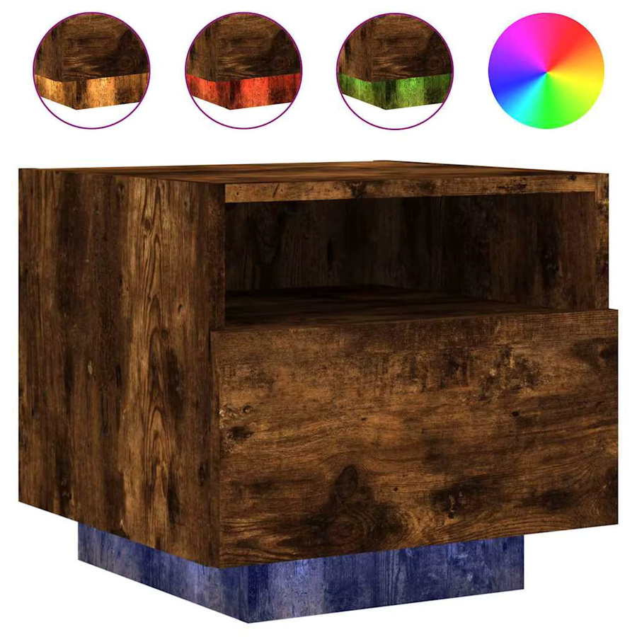 VIDAXL Nachttisch mit integrierter LED-Beleuchtung aus geräuchertem Eichenholz in Braun, B/T/H: 40 x 39 x 37 cm - Bild 2
