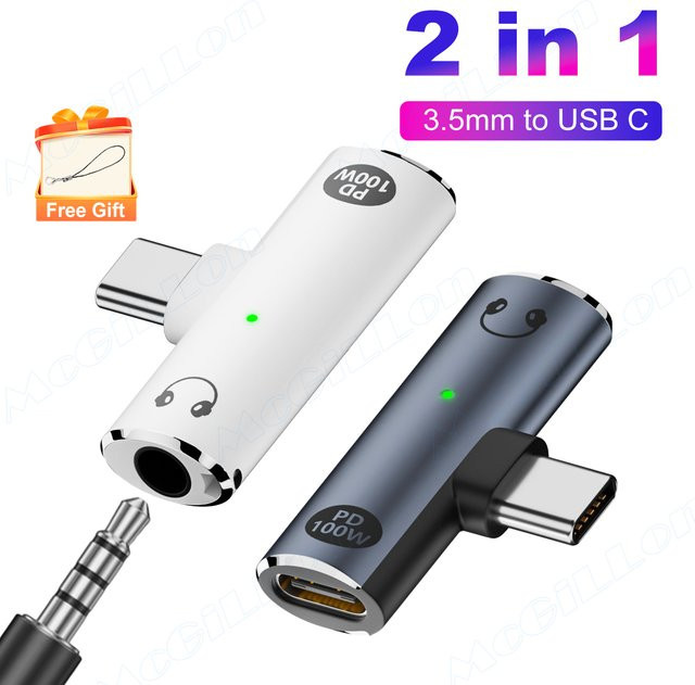 MCGILLON 2-in-1 USB-C auf 3,5 mm Klinke Audio-Adapter mit PD 100W Ladefunktion, Grau - Bild 1