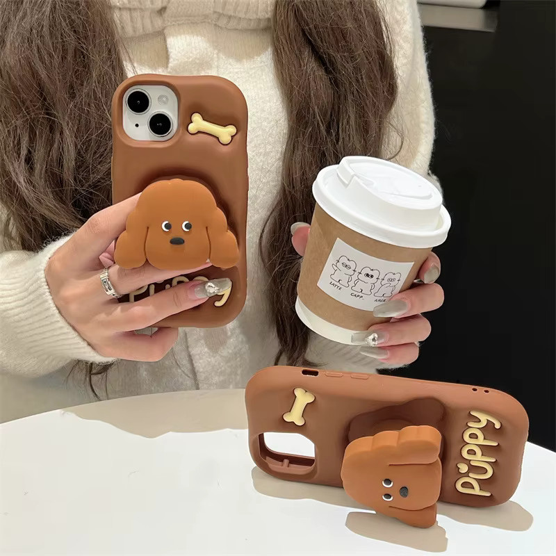 MUQGEW Silikon-Handyhülle mit Cartoon-Teddy-Welpen-Design und Teleskopfunktion für iPhone 16, 15, 14, 13, 12 Pro Max, braun - Bild 2
