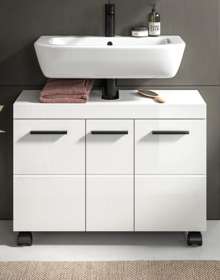Waschbeckenunterschrank Talerno in Weiß Hochglanz mit Regalfächern und Scharniertüren, Breite: 80 cm - Bild 2