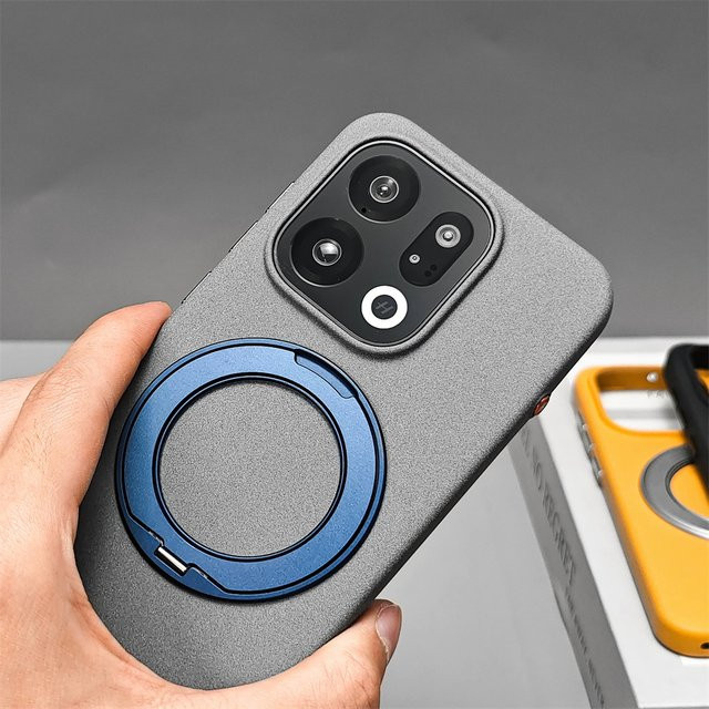 Matte Frosted Rock Sand Texture Schutzhülle mit 360 Grad drehbarem Ringständer und magnetischer kabelloser Ladefunktion für OPPO Find X9S Pro und OPPO Find X9 Ultra in Grau - Bild 1