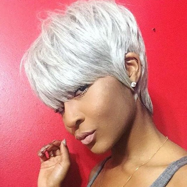 OYM HAIR Pixie-Schnitt-Perücke, Remy-Echthaar, silbergrau, Damen - Bild 1