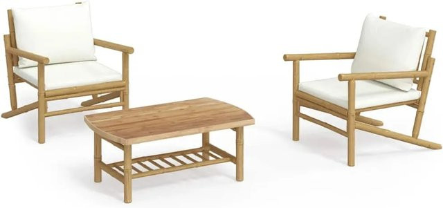 vidaXL 3-tlg. Garten-Lounge-Set aus Bambus mit Kissen in Creme - Bild 1