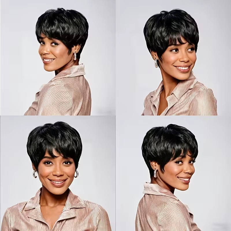 OYM HAIR Pixie-Perücke aus Echthaar, kurze Bob-Perücke mit Fransen, Damen - Bild 3