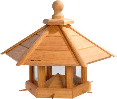DOBAR Vogelhaus Anflug aus geöltem Eichenholz mit Futtersilo und Anflugstangen, braun, H x B x T: 62 x 55 x 43 cm - Bild 1