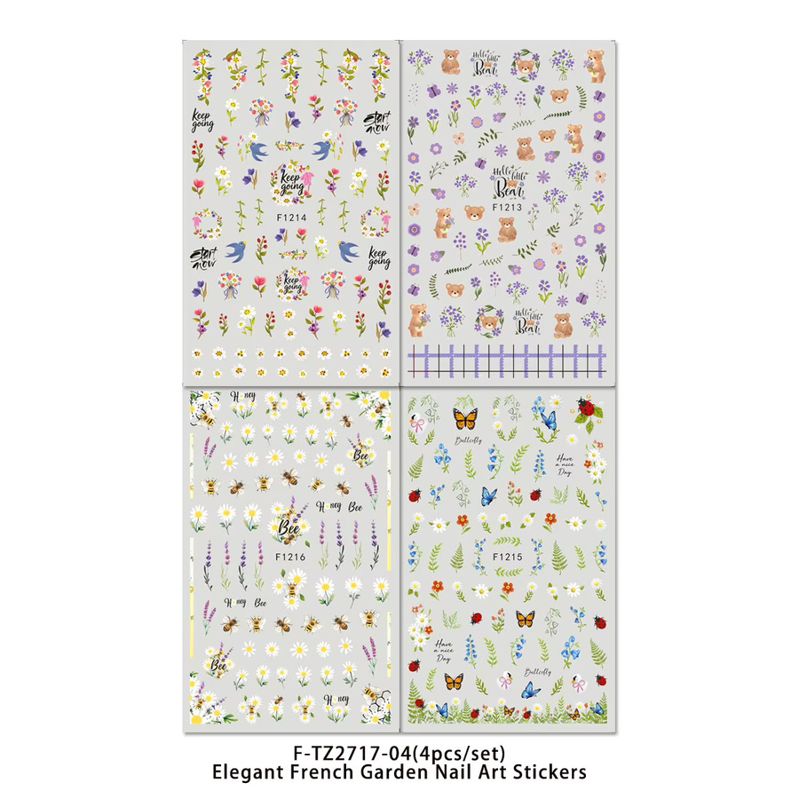 QIANJIKU Nagelaufkleber, Lila Blumen, Gänseblümchen, Bären- & Bienenschmetterling, Elfenbein - Bild 2