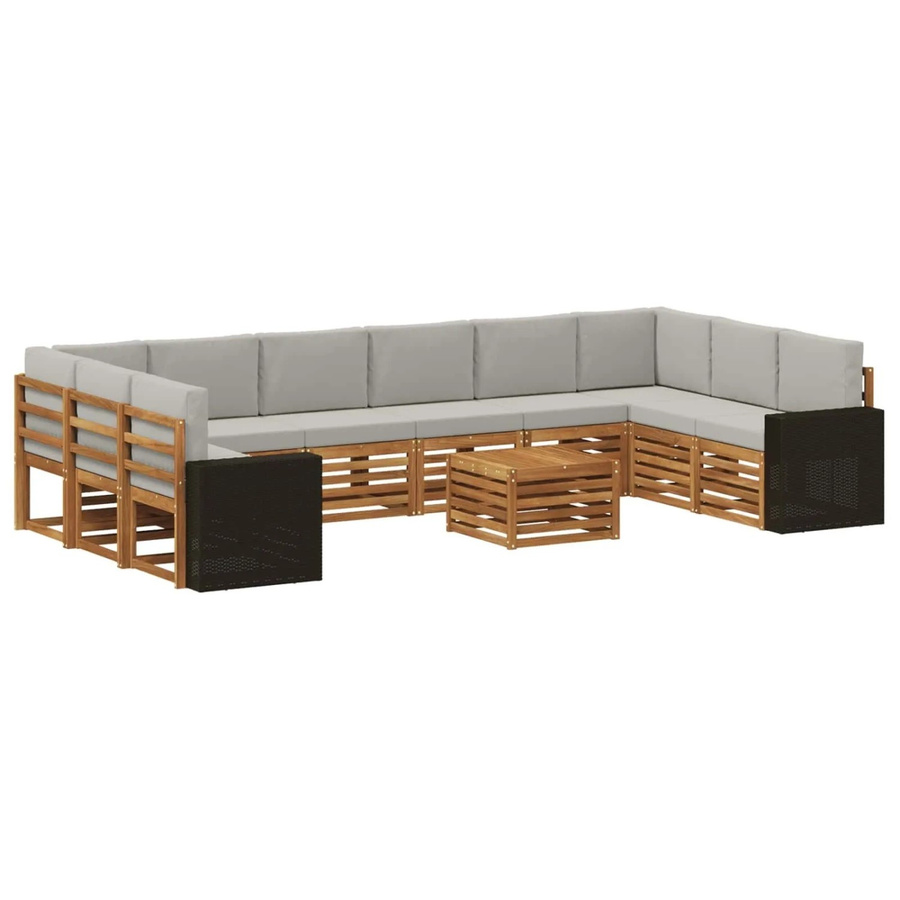 vidaXL Outdoor-Sofagarnitur aus Akazienholz in L-Form, 11-teiliges Set mit hellgrauen Polsterkissen aus Polyester, Natur und Hellgrau - Bild 2